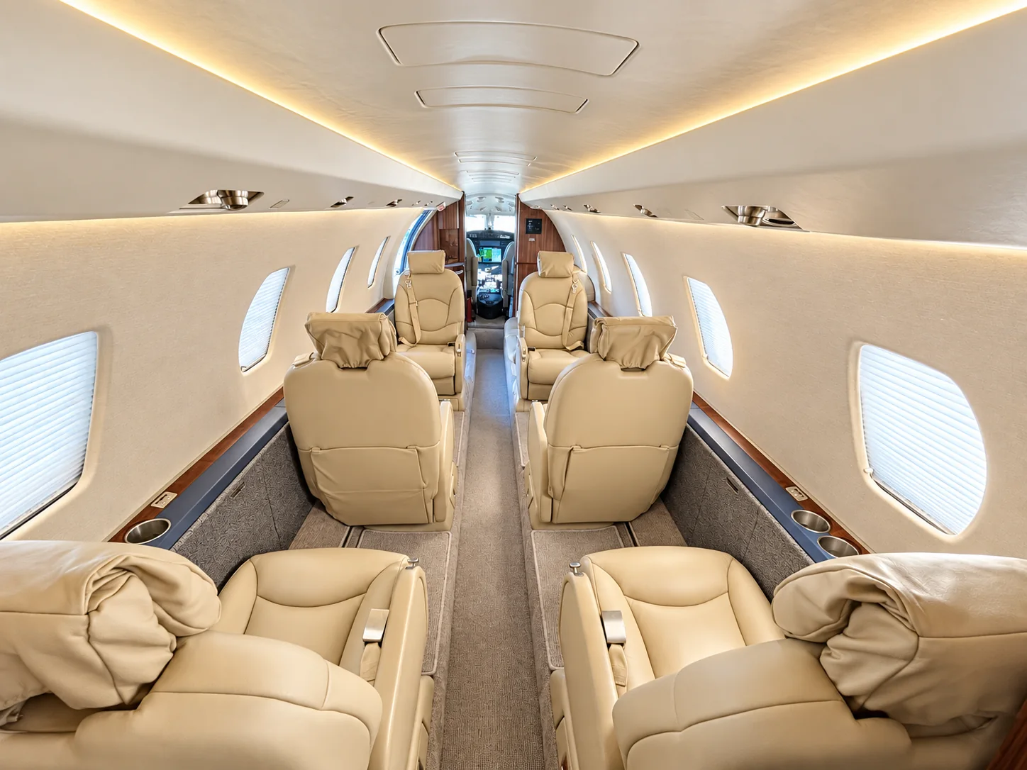 Citation Excel N560AD Passenger Cabin Bright interior of Citation Excel N560AD used for private jet charter from McKinney Texas