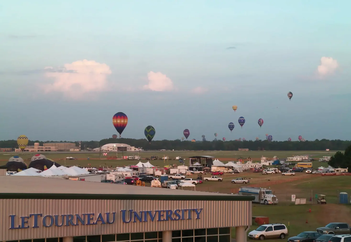 Longview Texas skyline or Great Texas Balloon Race representing private charter service to East Texas