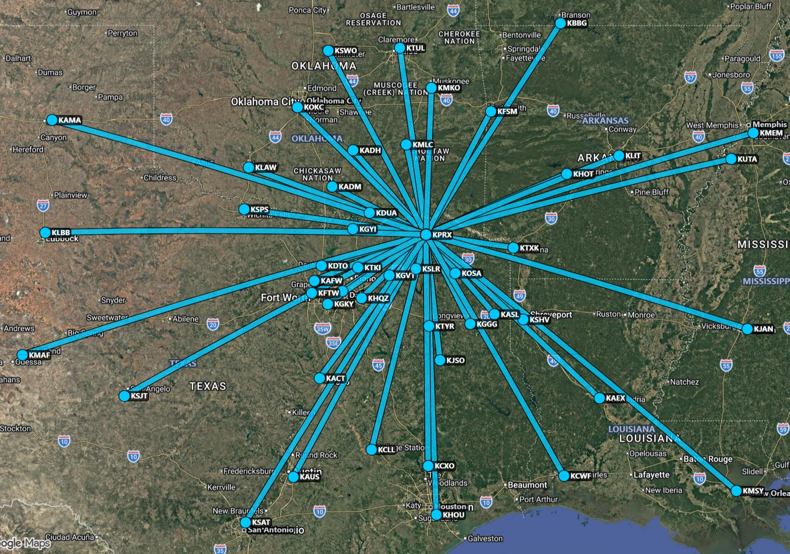 Regional Map centered on Paris, TX showing airports Air Direct serves.